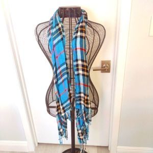 Blue and black plaid fringe scarf wrap